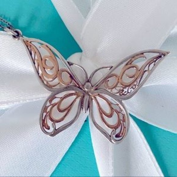 Tiffany & Co. Filigree Butterfly Silver & Rose Gold Necklace